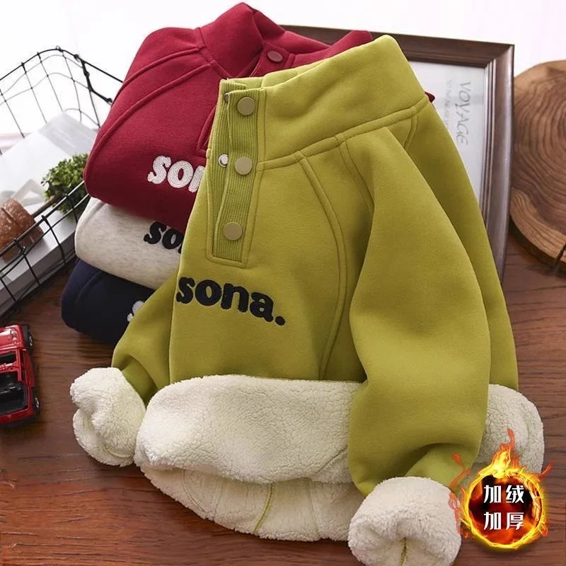 Boys' Padded Sweater Children's Thicken Pullover Winter Lambswool Hooded Jumper New Kids Casual Tops Autumn Warm Letter Clothes
