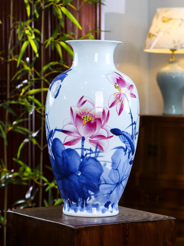 

Jingdezhen hand-painted blue and white porcelain lotus vase ceramic ornament living room flower arrangement ornament