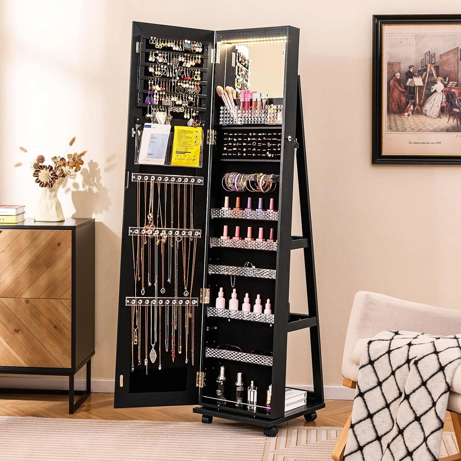 Standing Jewelry Cabinet Armoire with Wheels, Full Length Mirror
