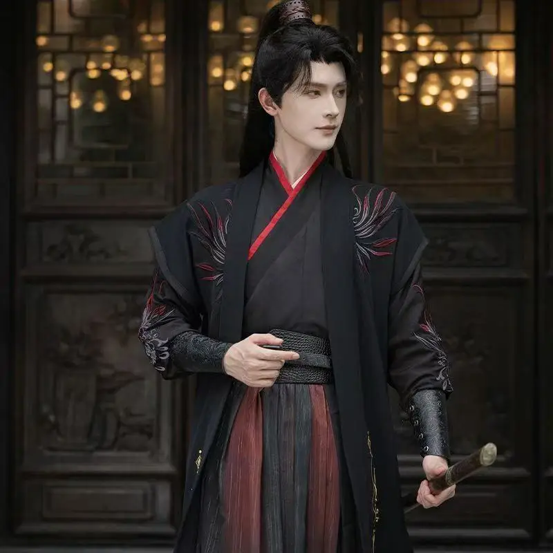 4XL 大メンズ古代黒赤韓服伝統的な刺繍クロス襟衣装ドレスニッチ剣士コスプレ衣装ハン