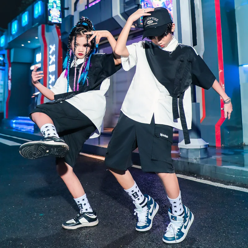 New Children Hip Hop Dance Costume Boys Loose Patchwork Shirt Shorts Short Sleeve Kpop Suit Girls Jazz Performance Outfits Rave