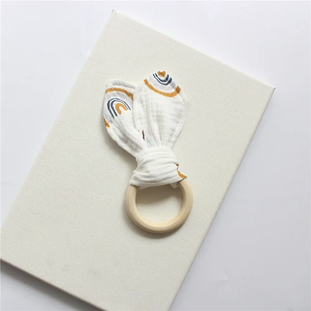 Teethers Baby Rabbit Ear Bite Ring Cotton Yarn Decorative Cloth Wooden Grinding Ring