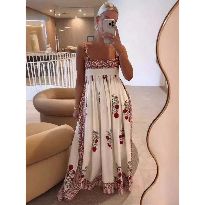 High Waist Big Swing Positioning Printing Sling Long Dress