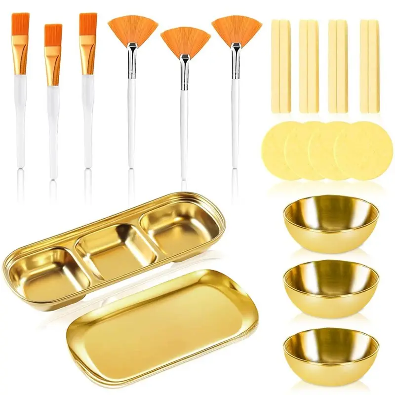 A76I-Serving Tray 23Pcs Esthetician Supplies Mixing Bowls Compartment Facial Fan Brushes Face Mask Applicator