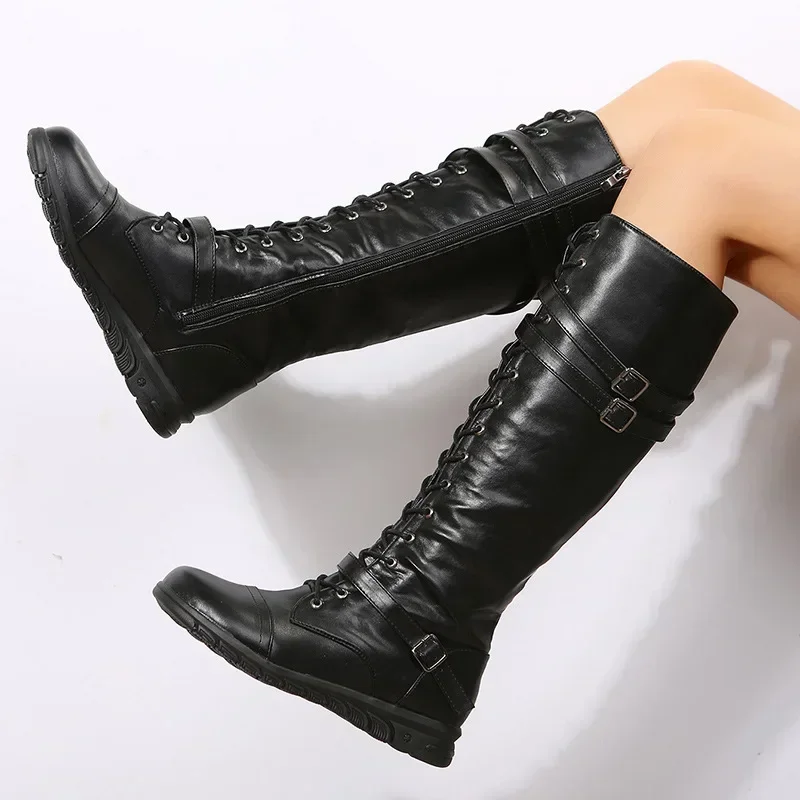 

Women Boots Fashion High Tube Leather Boots Buckle Design Women Knee-high Boots Lace Up Non Slip Flat Booties Botas Largas Mujer
