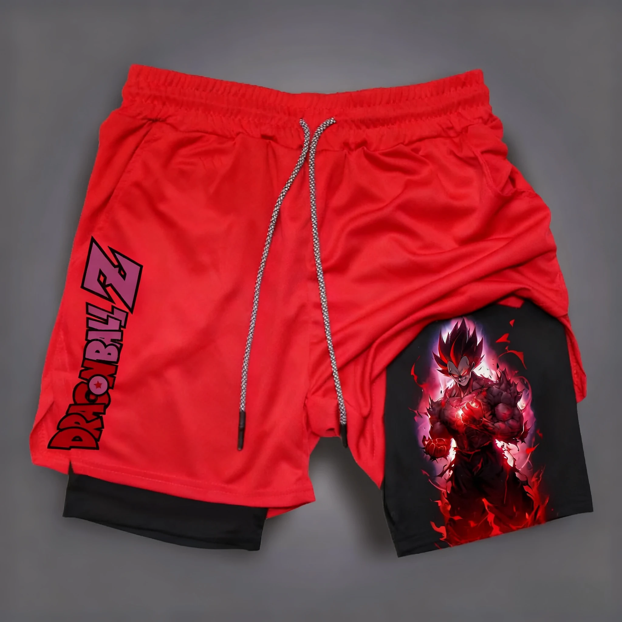 Dragon Ball Wukong bedruckte doppellagige Shorts für Herren, elastischer Kordelzug, atmungsaktive Sport- und Fitness-Shorts für Frühling/Sommer