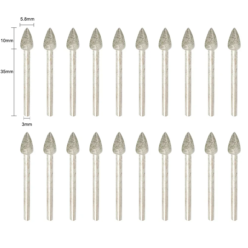 Diamond Grinding Head, 3.0mm Shank, Pontos Cilíndricos, Revestido Carving Burrs, Ferramentas Lapidárias, Jade Stone, Marble Rotary Tool, 20pcs