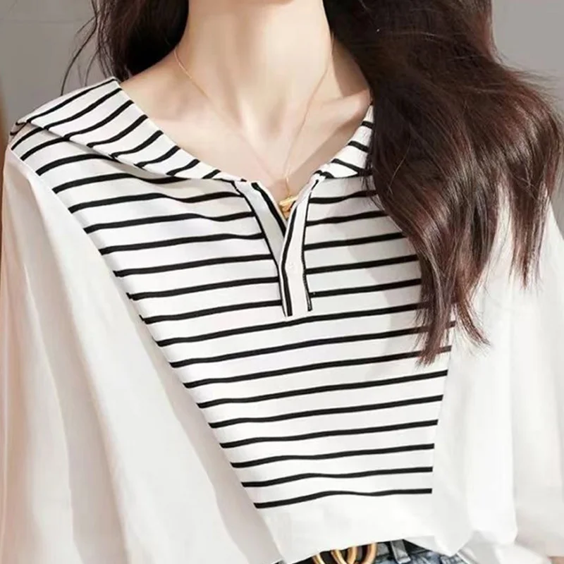 2024  New Summer Office Lady Sweat Loose Casual Korean Style Women's Shirt Striped Knitting V Neck Short Sleeve Chic Y2K Tops