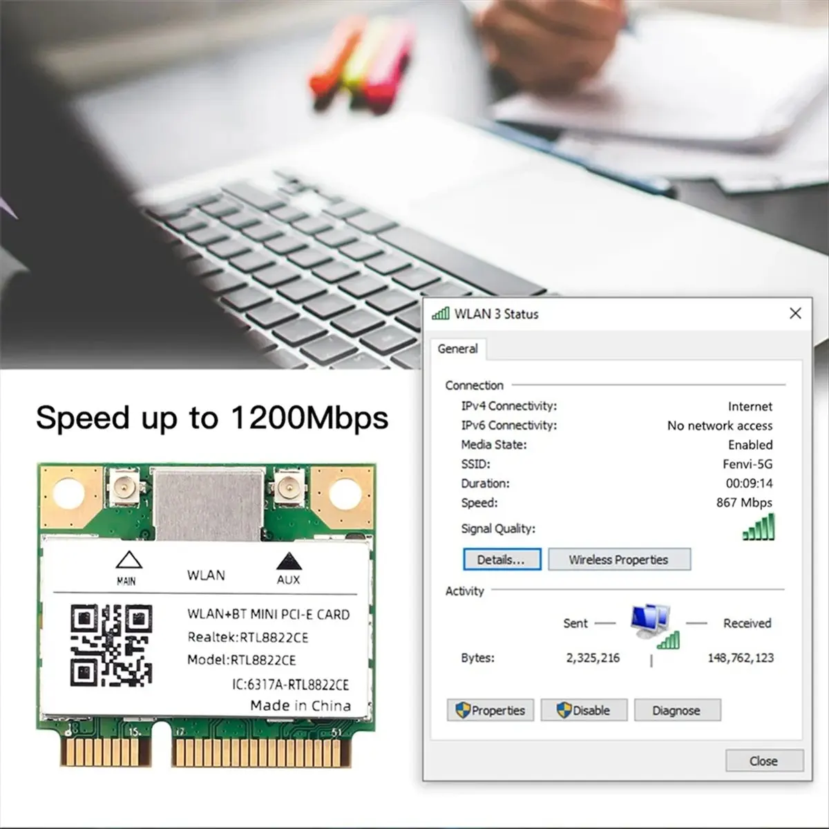 Dual Band Mini Pcie RTL8822CE 1200Mbps WiFi Card New Arrivals in Stock