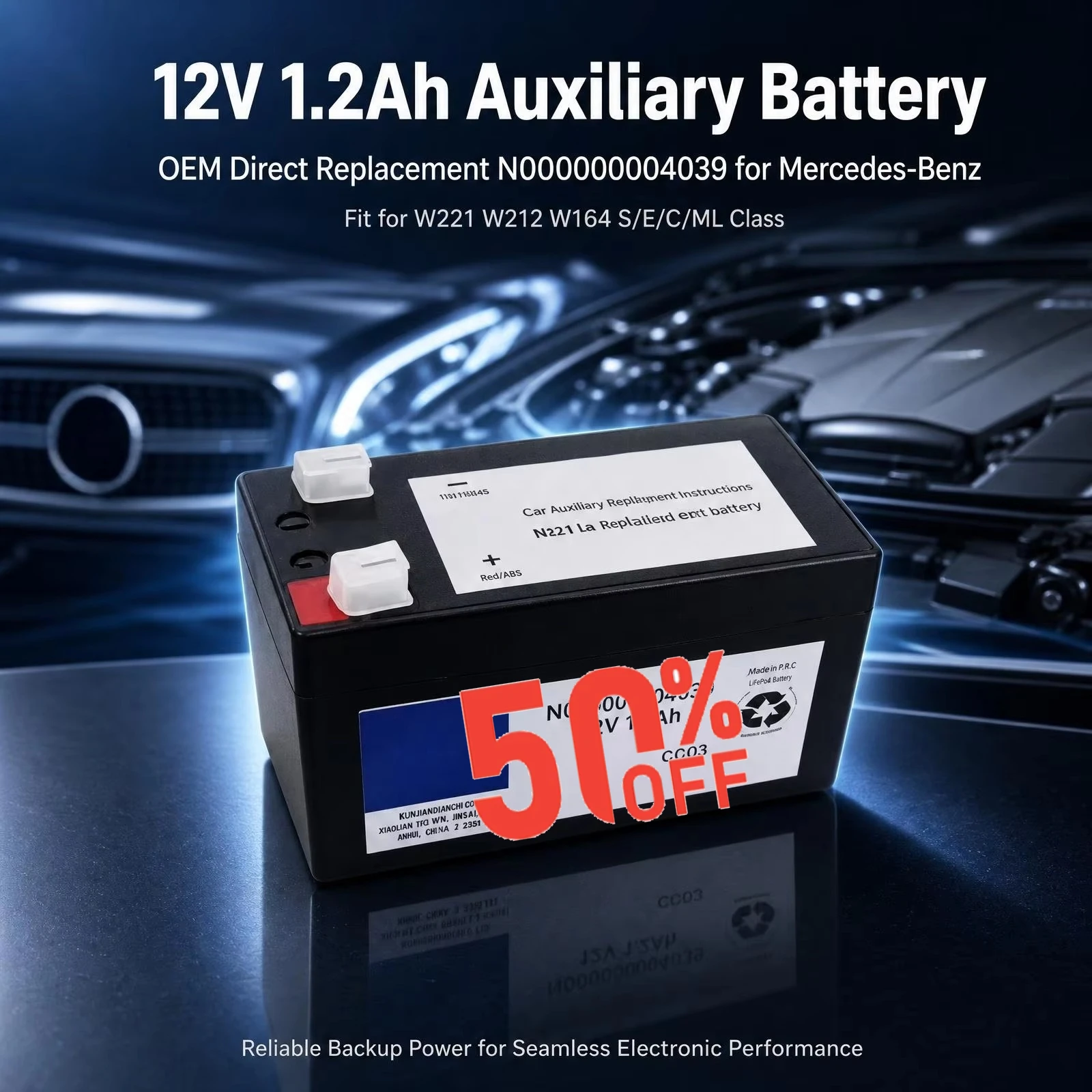 12V 1.2Ah N000000004039 Auxiliary Backup Replacement Battery For Benz W221 W212 W164 S300 S350 S400 C200 E260 E300L ML350