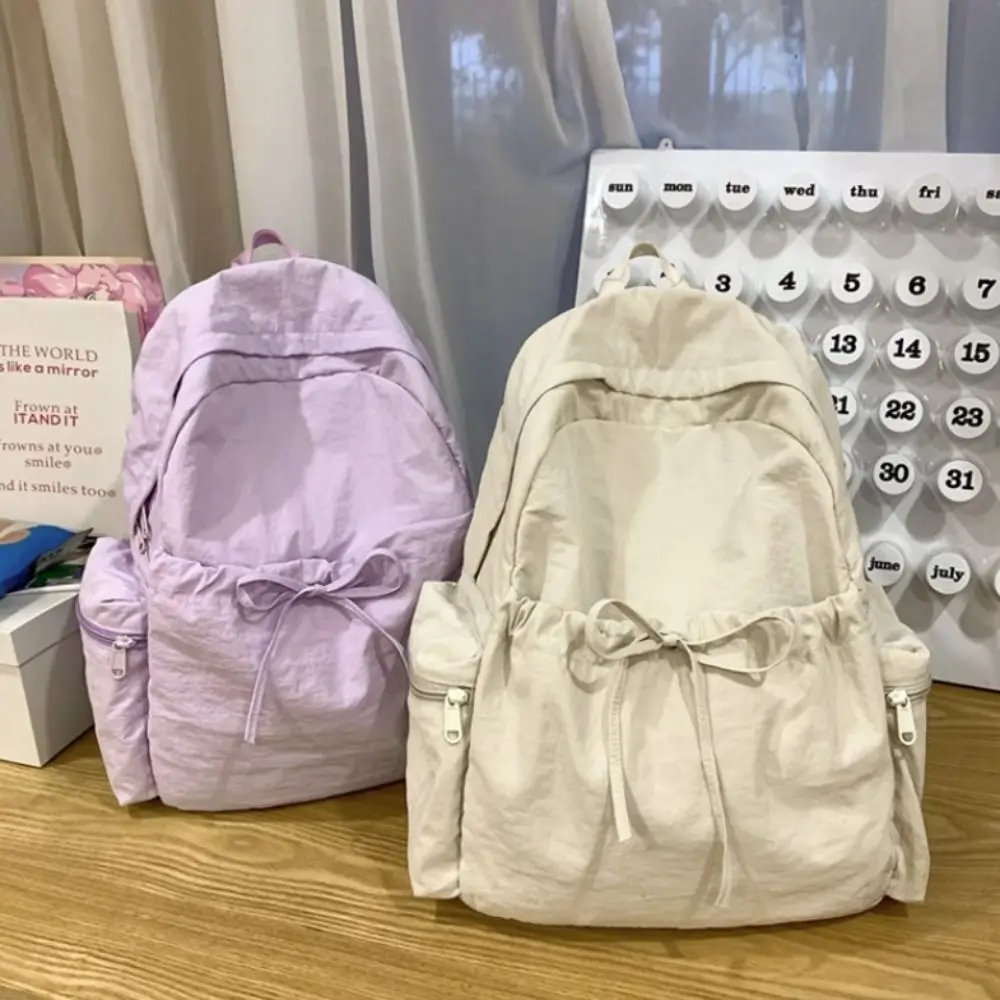 New Design Bow Wrinkle Backpack Solid Color Korean Style Nylon Lightweight Backpack School Bag Large Capacity