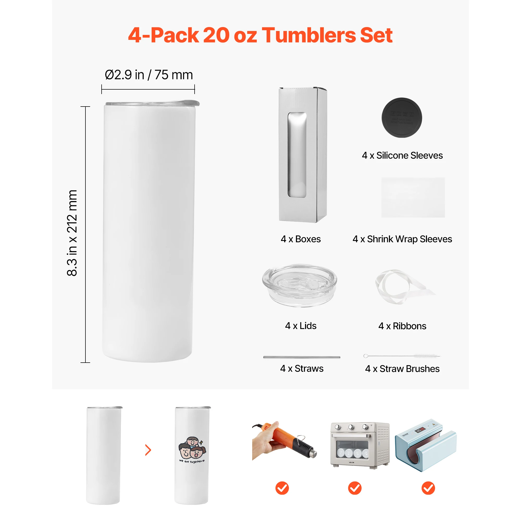 SucceBuy Sublimation Tumblers 4/8/12 Pack Stainless with Lids and Straws Double Wall Insulated for Personalized Customization