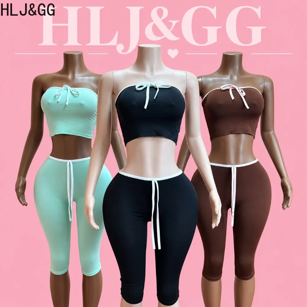 HLJ&GG Women Two Piece Set Strapless Bow Tie Crop Top and Capri Pants Bodycon Stretchy Casual Summer Clubwear Matching Outfits