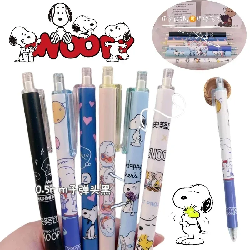 6pcs Snoopy Neutral Pen 0.5mm Black Water Pen for Writing Notebooks Girls Cute School Office Supplies Accessories Stationery