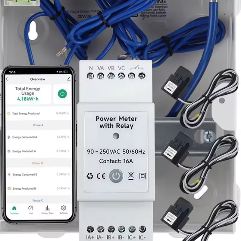 Tuya WiFi 3상 전력량계 80A/120A/200A/300A/500A 3CT 릴레이가있는 양방향 에너지 KWH 계측기 모니터