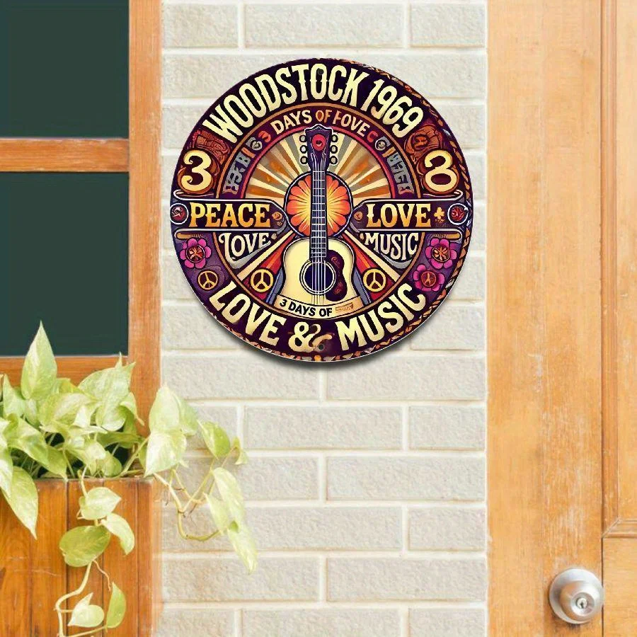 2D Flat, 1pc Retro Woodstock 1969 Festival Aluminum Wall Decor Sign - Vintage 3 Days of Peace Love & Music Art, Rustic Circular
