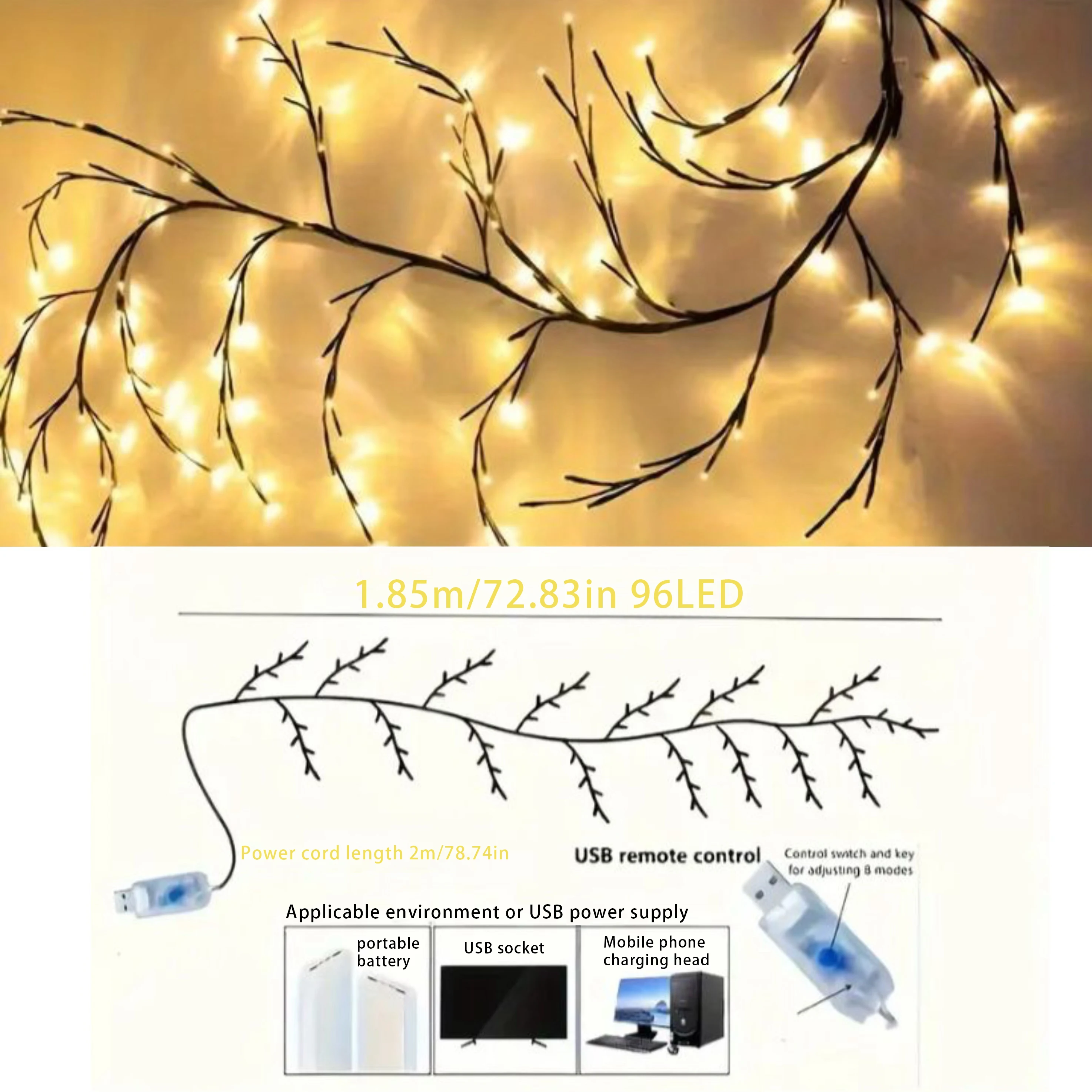 Lampu suasana anggur dapat ditekuk DIY cantik 96LED, sempurna untuk dekorasi liburan, 8 mode, bertenaga USB, dan Remote Control