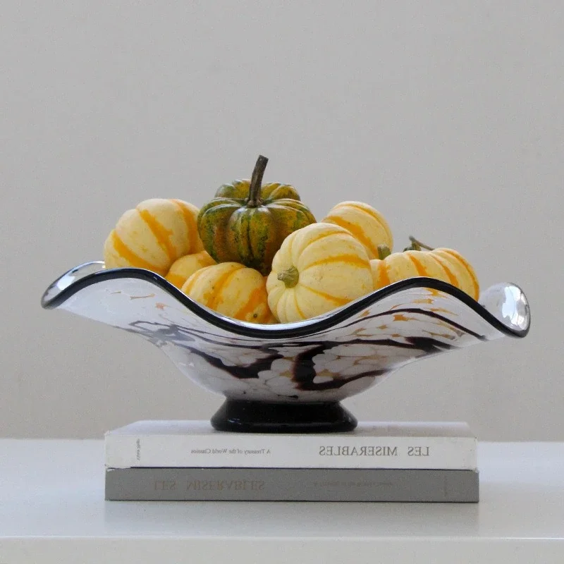 Glass Tray Wavy-edge Polka-dot Fruit Plate Snack Bowl Desktop Storage Container Black and White Glass Tray Jewelry Dish