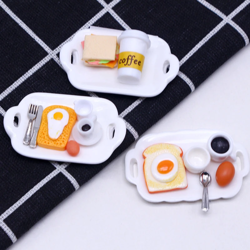 1Set 1:12 Poppenhuis Miniatuur Toast Brood Koffie Eiervork Lepel Met Bord Keuken Ontbijt Model Decor Speelgoed