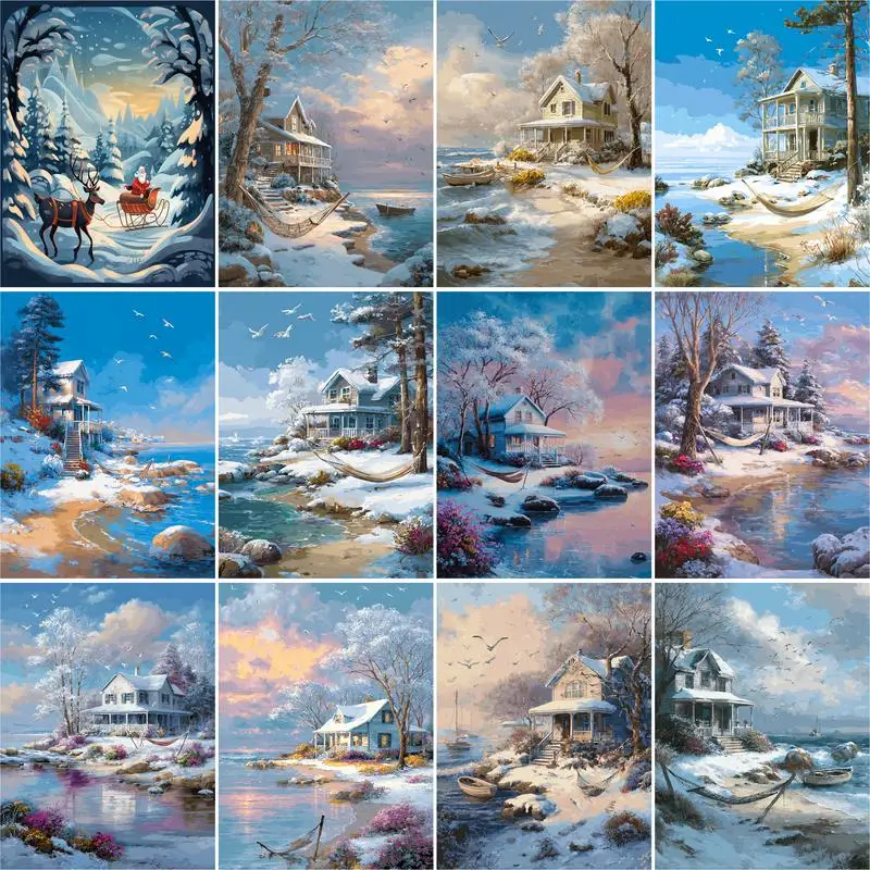 

GATYZTORY Picture By Number Winter House DIY Painting By Numbers Snow Landscape HandPainted Christmas Gift Home Decoration