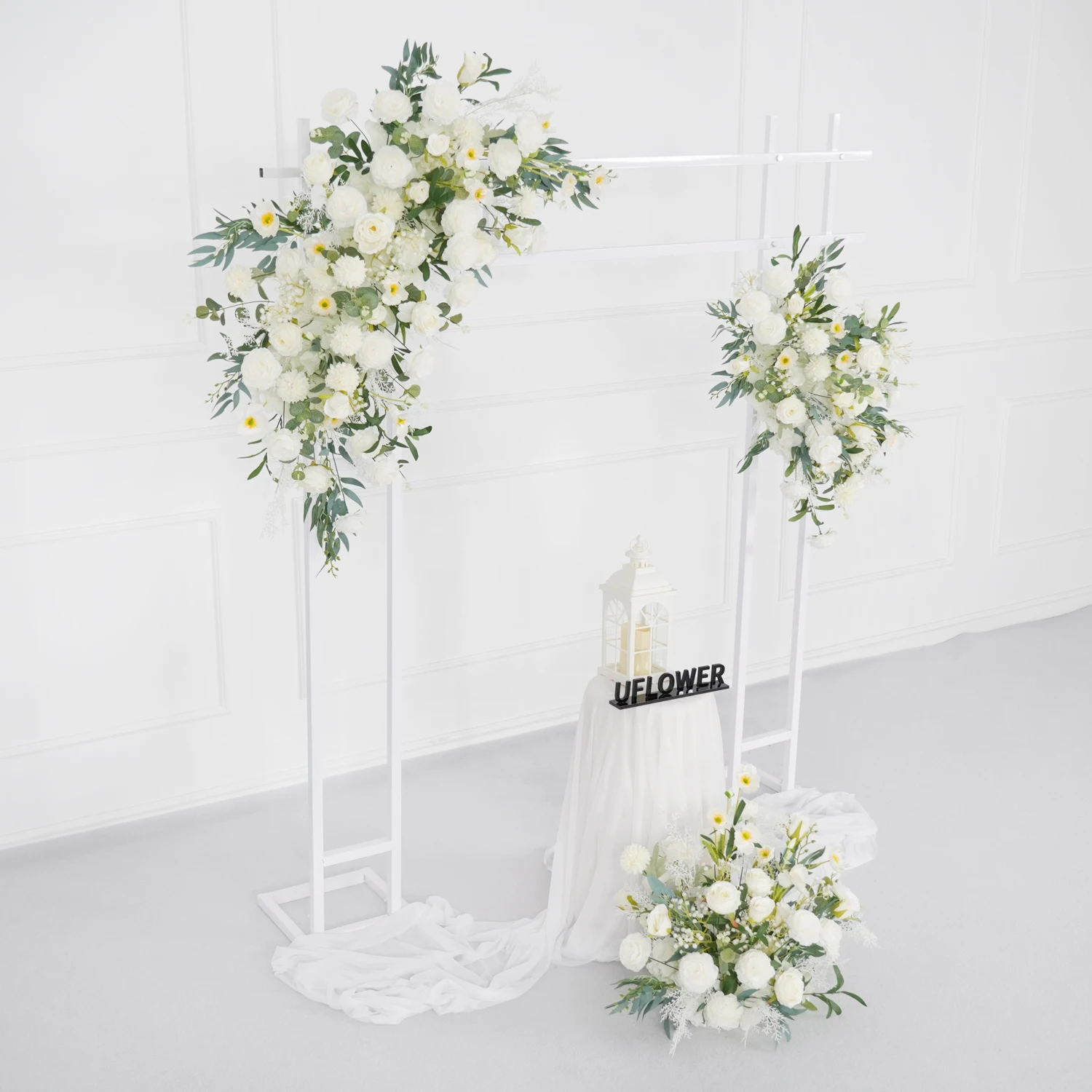 

Uflower Artificial Flower Row Luxury White Rose Maple leaves Arch Round Wedding Arch Hanging Corner Floral ball Backdrop Decor