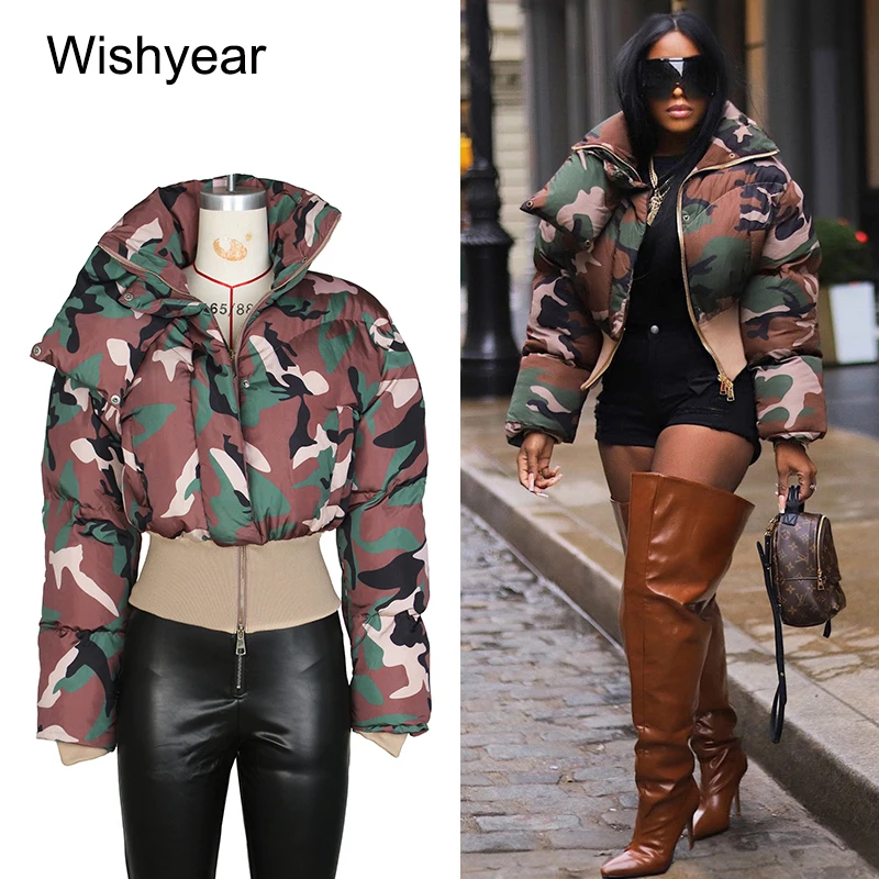 

Vintage Women's Camouflage Puffer Jacket Zipper Long Sleeve Stand Collar Winter Camo Bubble Cotton Boyfriend Crop Parkas Outwear