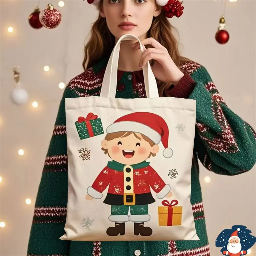 New Christmas Canvas Bag Large Capacity Cartoon Pattern Shoulder Bag Casual Handbag image 2