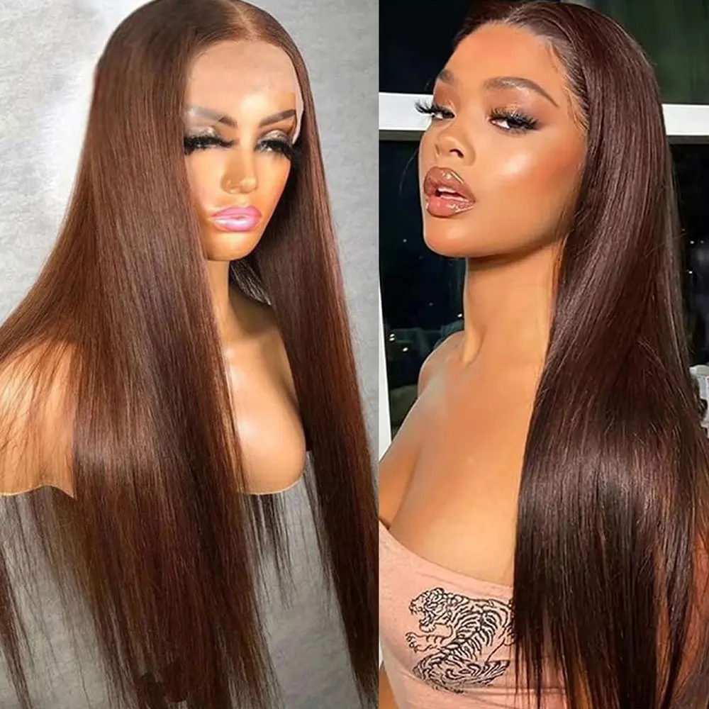 Hd Straight Lace Front Wigs Human Hair Chocolate Brown Transparent Lace Frontal Wig 13x4 Pre Plucked Colored Human Hair Wigs