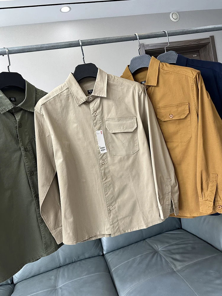 

Ретро-рабочая одежда: мужская повседневная рубашка с длинным рукавом, однотонная, с отложным воротником, с одним карманом, весна-осень, хлопковая смесь