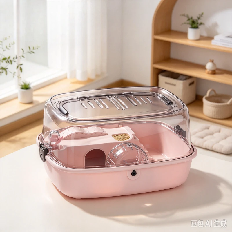 ABS Large Clear Hamster Cage, 44.5x29x23cm Panoramic Habitat with Skylight, Wheel, Bottle for Bedroom Small Pet Home Setup