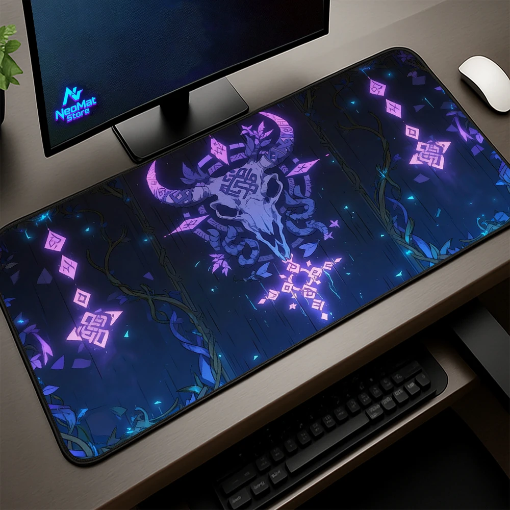 Gothic Desk Mat Desktop Mat XXL Design Gaming Purple Neon Ritual Skull Vine Pattern Dark 90x40 Computer Accessories Mousemat