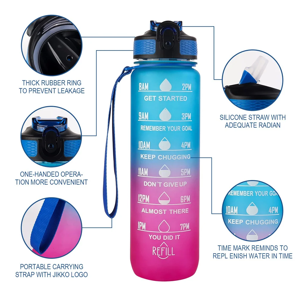 1L Water Bottle Gradient Color Motivational Sports Water Bottle with Time Marker Leak-proof Cup for Office, Gym, Outdoor