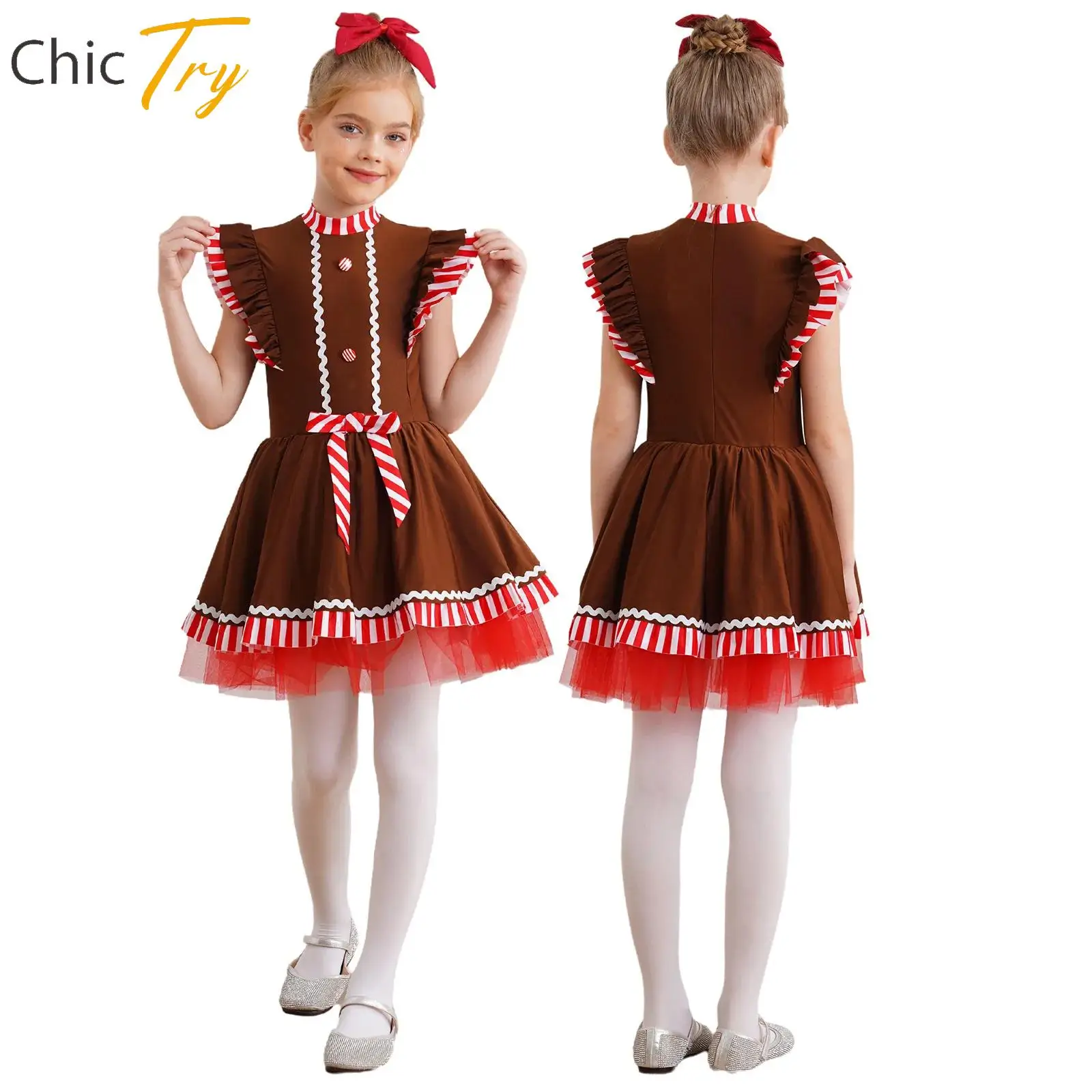 Kids Girls New Christmas Gingerbread Man Costumes Ballet Modern Dance Dress Flying Sleeve Stage Party Dress Up Cosplay Costumes