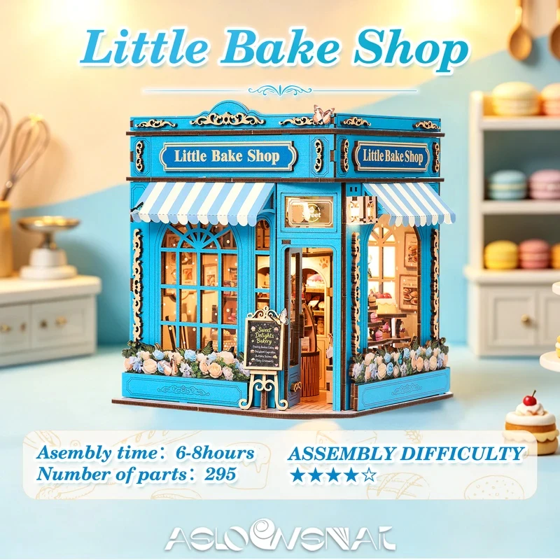 DIY Miniature Dollhouse Kit Little Bake Shop Wooden 3D Model with LED Light Handmade Craft Gift for Adults Kids Home Decor