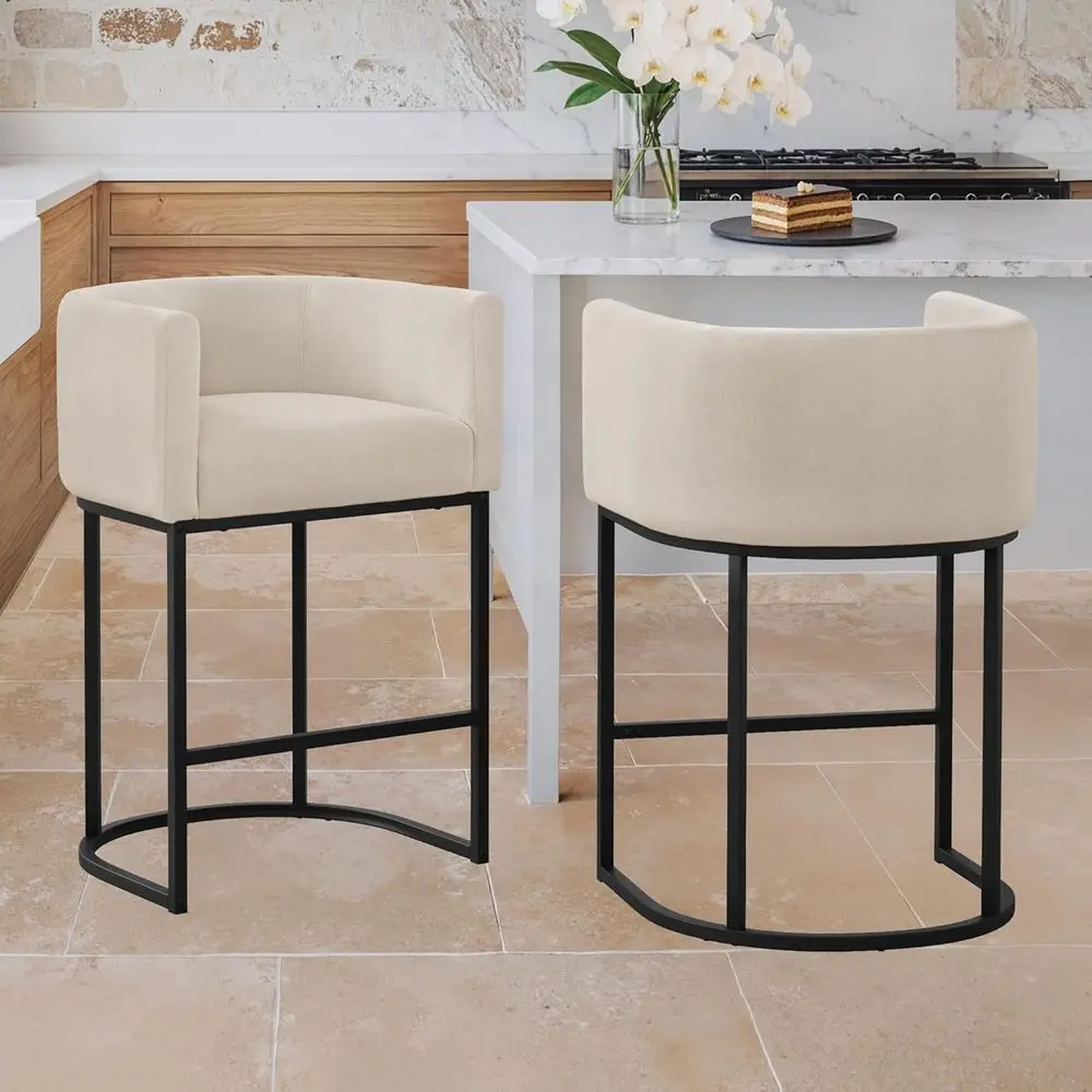 

Set of 2 Black Metal Counter Height Bar Stools with Linen Upholstered Backrest and Arms for Kitchen Island