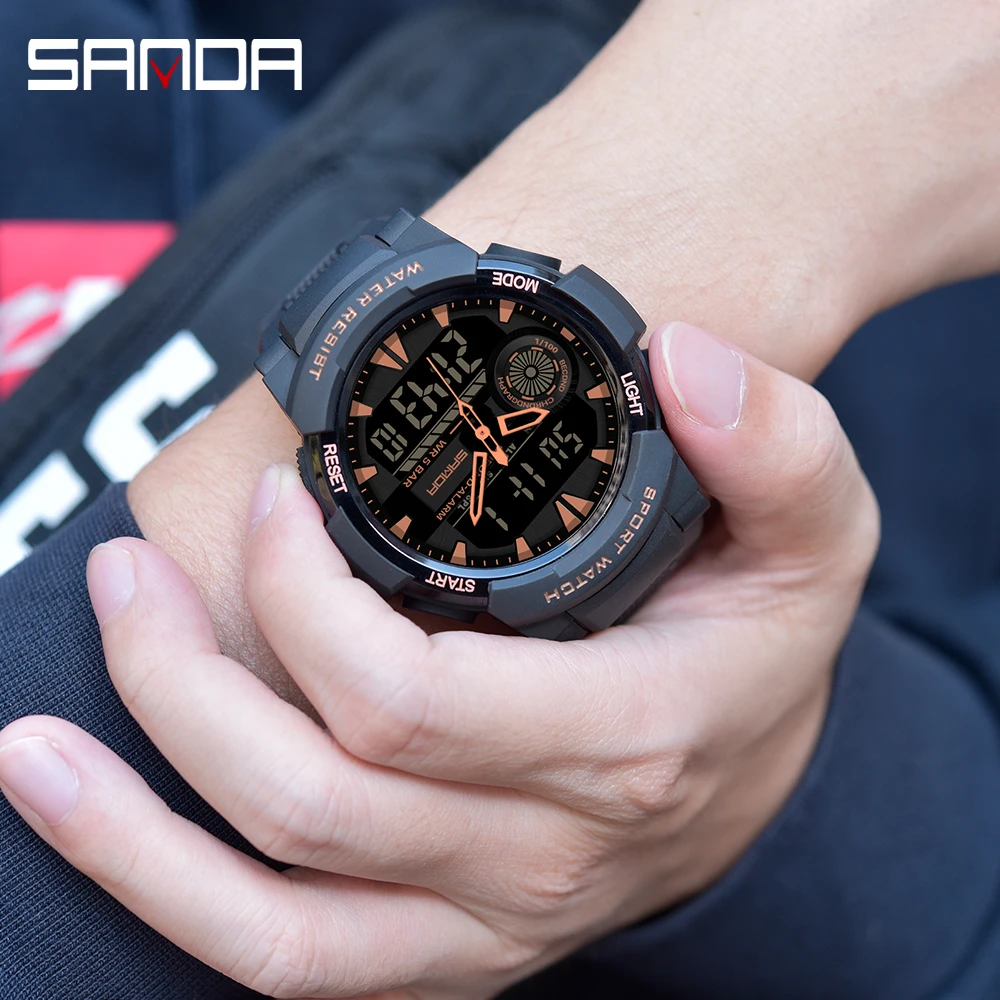 SANDA 6002 Large Men Watches Digital Watch Luminous 5BAR Waterproof Male Sport Watch Quartz Dual Display relogio masculino