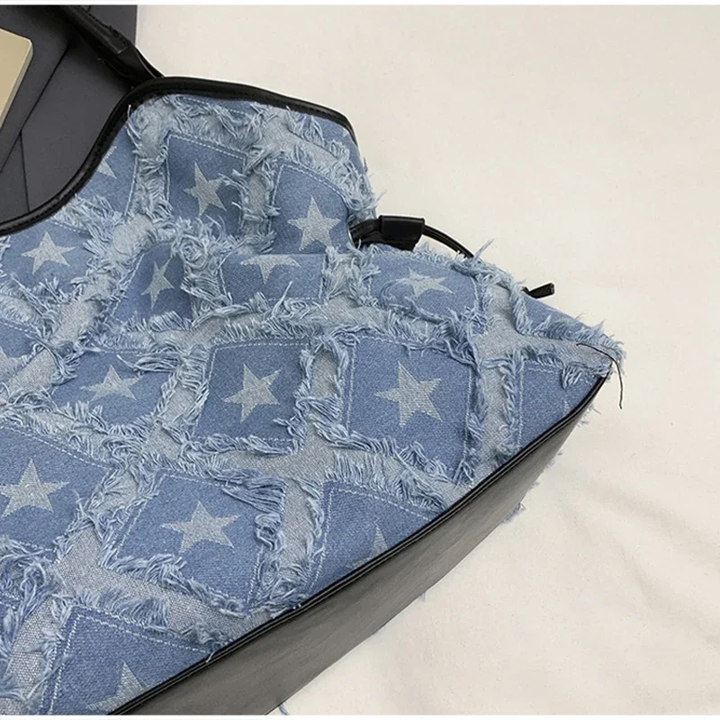 Denim Canvas Grid Umhängetasche, Damen-Umhängetasche mit großem Fassungsvermögen, lässiger, niedlicher Wald-Stil, Reisetasche, Handtasche für den täglichen Pendelverkehr, Blau – Detail 3