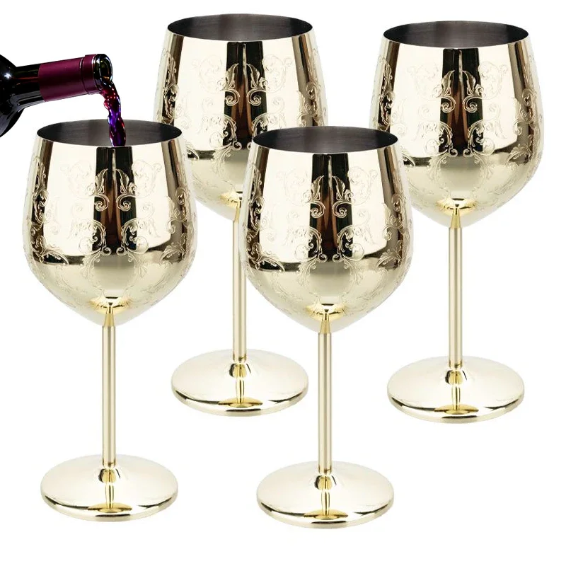 4PCS Metal 304 Stainless Steel Wine Glass Goblet Etching Grape Vines Champagne Glass Goblet Bar Red Wine Glasses Drinkware Cups