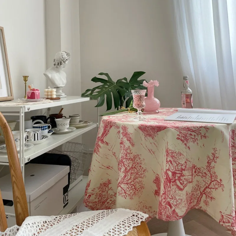 INS Vintage Style Blue Red Ink Painting Pastoral Table Cloth Picnic Mat Product Photography Background Cloth