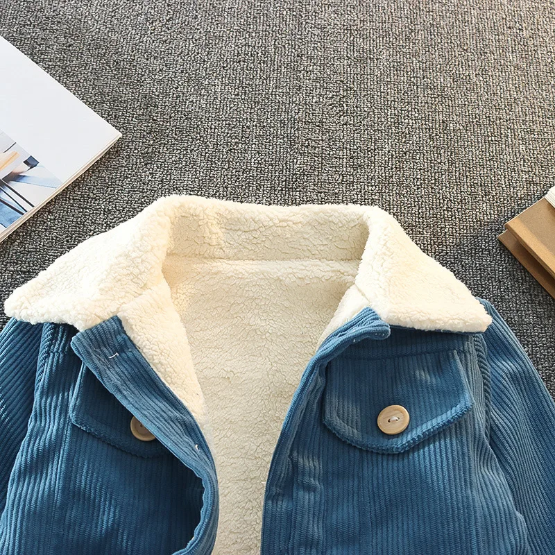 Unisex Winter-Wärmemantel für Kleinkinder Retro Cordstoff Flauschig Sherpa-Gefüttert Fleecekragen Knopfverschluss Vorne Kinderjacke – Detail 7