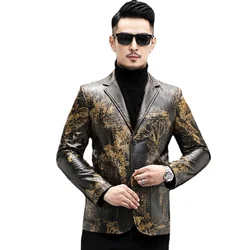 Natural Genuine Leather Men's Suit Jacket Sheepskin New Print Suit Fur Trendy Single Leather vest cuire homme men leather jacket