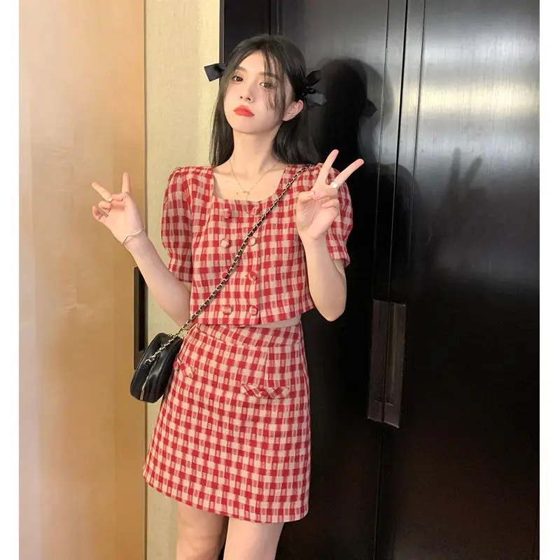 Sweet Girls Y2K Plaid Skirts 2pcs Set Korean Summer Short Sleeve Cropped Tops with A-line Mini Skirt Suits Women Fashion Outfits