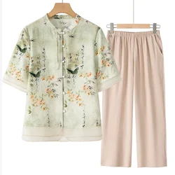 New Chinese Style Printed Tang Suit Traditional Casual Uniform Summer Short Sleeved Cardigan Pants Outfit Vintage Button Hanfu