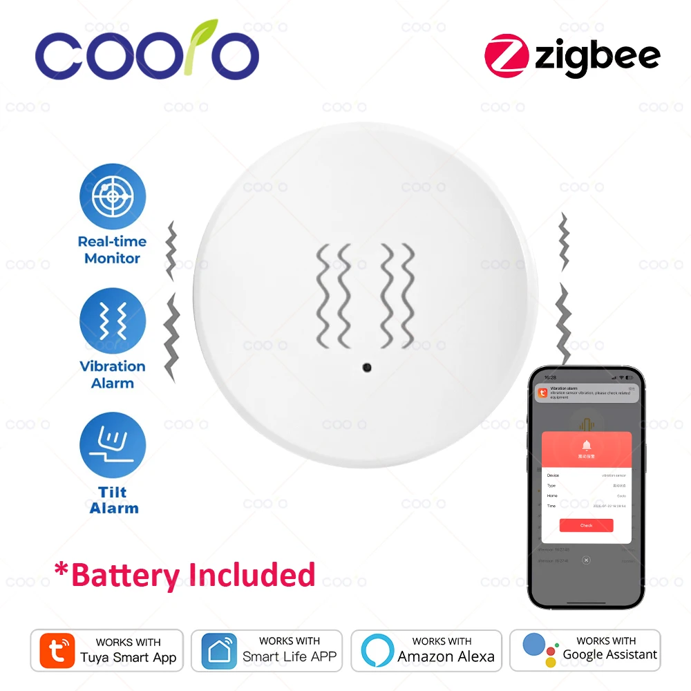 Tuya Zigbee Smart Vibration Sensor Detection Tilt XYZ Axis Sensor SmartLife App Notification Real-Time Motion Shock Alarm Record