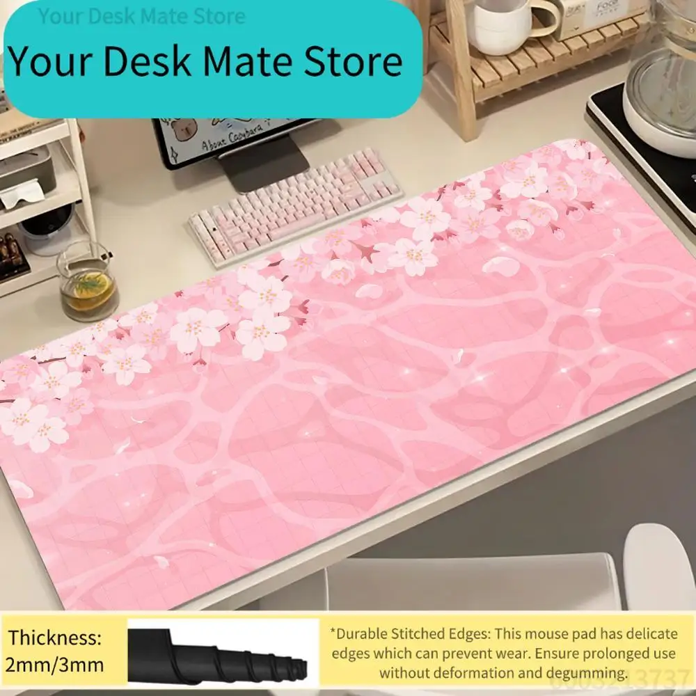 

1PC Pink Cherry Blossom Water Print Large Lock Edge Non-Slip Rubber Desk Mat for Gaming Office