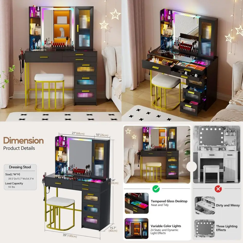 

Black Bedroom Vanity Desk with Glass Top, Mirror, RGB Lights, Wireless Charging, and 6-Drawer Storage Cabinet