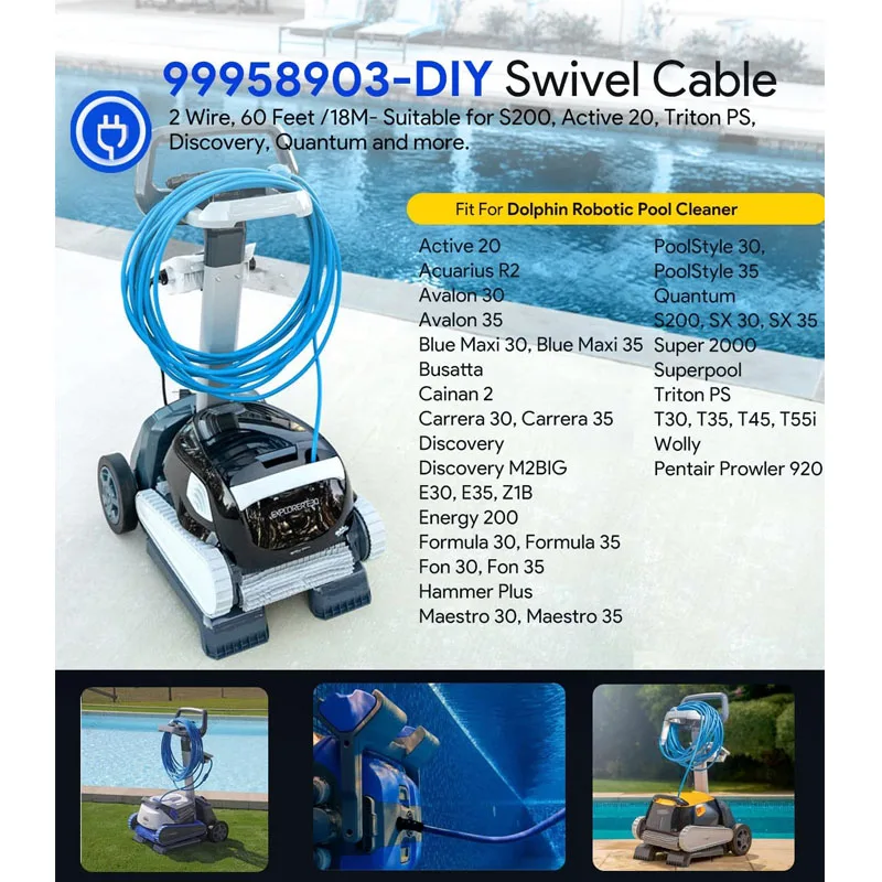 99958903-DIY 2-Wire 60FT/18M Cable Fits for Dolphin Pool Cleaner S200, Active 20, Triton PS, Discovery, Quantum