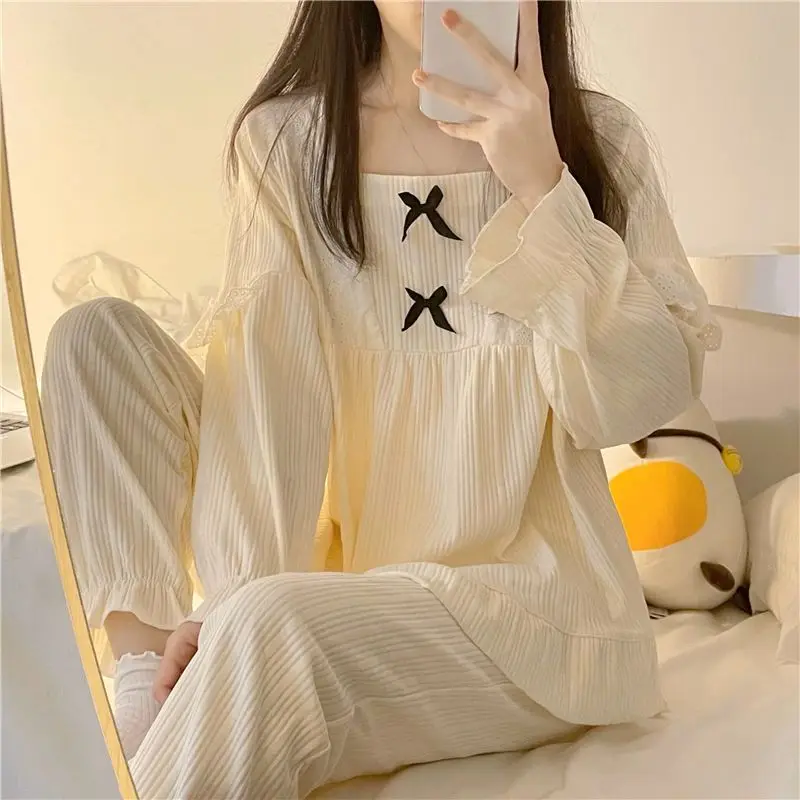 

Ladies Spring Pajamas Lacework Nightdress Casual Loose Sleepwear Solid Color Bow Pyjamas Long Sleeve Square Collar Home Wear Set