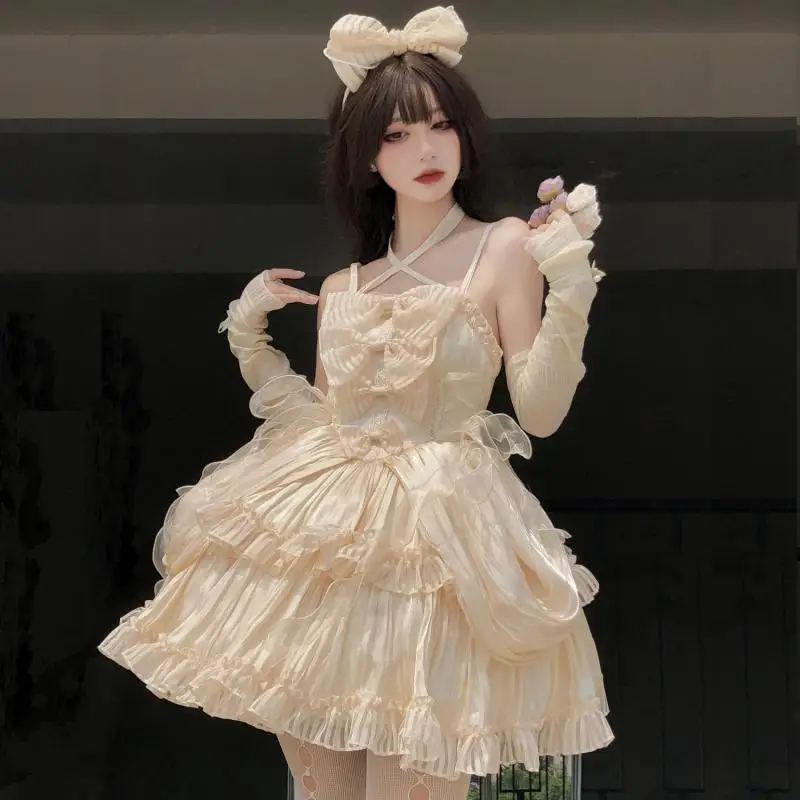 Japanische süße lolita jsk anzug kleid gotische frauen spitze bogen rüschen tee party ärmellose kleider sommer mädchen kawaii y2k punk