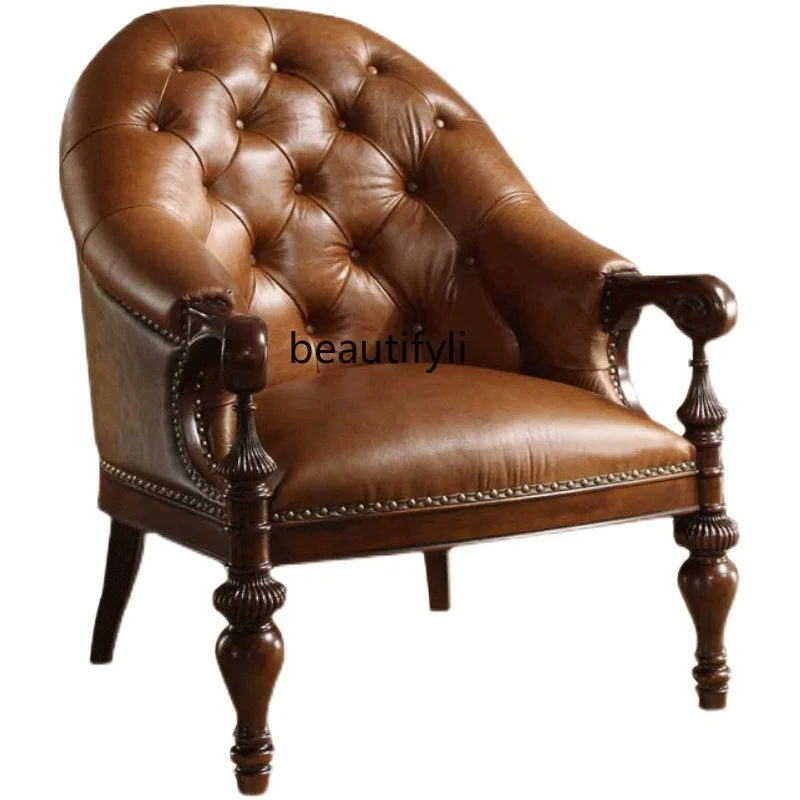 

American Country Solid Wood Leisure Chair Leather Tiger Chair Single Sofa Balcony Single Chair